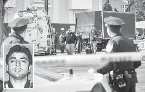  ??  ?? SIASAT: Pegawai Polis New York (NYPD) menyiasat lokasi di mana Cali (sisipan) dibunuh di luar rumahnya dalam daerah Pulau Staten di kota New York, AS pada Khamis. — Gambar Reuters/AFP