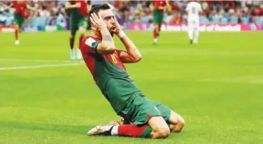  ?? Reuters ?? Portugal’s Bruno Fernandes celebrates after scoring a goal.