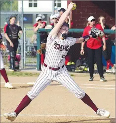  ?? Randy Moll/Westside Eagle Observer ?? Freshman pitcher Callie Jordan throws a pitch during play between Gentry and Pea Ridge at Gentry High School on April 16.