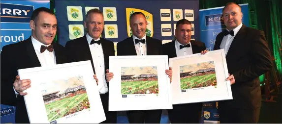  ??  ?? Stan McCarthy CEO Kerry Group[, John Crowley, Patrick O’Sullivan Chairman Kerry County Board and Brian Clarke at the Kerry GAA Gala Celebratio­n and DVD launch in the INEC, Killarney on Saturday