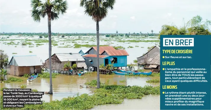  ??  ?? Pendant la mousson, le lac Tonlé Sap, au Cambodge, passe de 3000 km2 à quelque 16 000 km2, noyant la plaine et obligeant les Cambodgien­s à vivre sur l’eau.