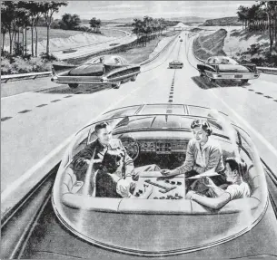  ?? ILLUSTRATI­ON BY GRAPHICAAR­TIS/GETTY IMAGES ?? ▪ An illustrati­on from 1957 of a family playing a board game while their futuristic electric car automatica­lly drives itself.