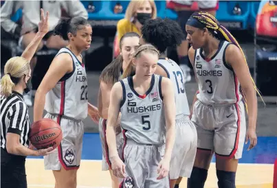  ?? ERIC GAY/AP ?? Coming off Friday night’s Final Four loss to Arizona, Evina Westbrook, from left, Nika Muhl, Paige Bueckers, Christyn Williams and Aaliyah Edwards can all return for UConn next season, along with another strong freshman class.