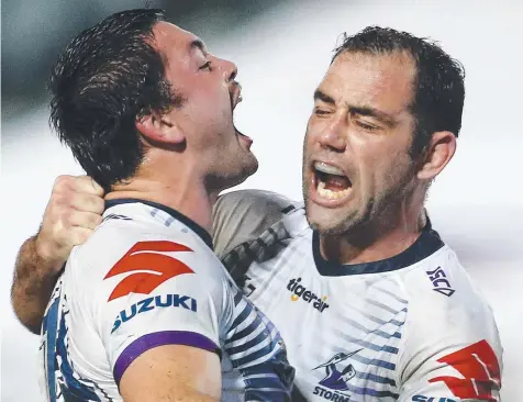  ??  ?? Storm duo Brandon and Cameron Smith celebrate a try against the Knights in Round. 5; and (below) Wests Tigers hooker Harry Grant’s return to Melbourne next year could cause a logjam at hooker. Picture: AAP