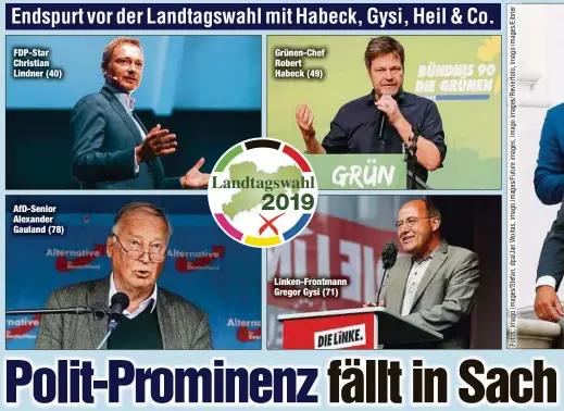  ??  ?? FDP-Star Christian Lindner (40) AfD-Senior Alexander Gauland (78) Grünen-Chef Robert Habeck (49) Linken-Frontmann Gregor Gysi (71)