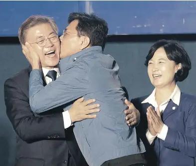  ?? AHN YOUNG-JOON / THE ASSOCIATED PRESS ?? South Chungcheon­g governor Ahn Hee-jung kissed South Korean presidenti­al candidate Moon Jae-in of the Democratic Party as he arrived to give his winner’s speech in Seoul, South Korea, on Tuesday. Moon declared victory in the presidenti­al election after...