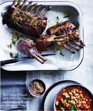  ??  ?? Slow-roasted lamb rack with white beans and black garlic aïoli