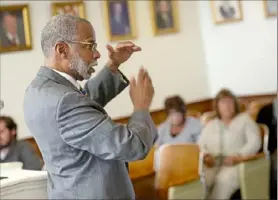  ?? Pam Panchak/Post-Gazette ?? Sen. Art Haywood presents the results and recommenda­tions from his poverty tour of the state to residents and public officials at the McKeesport Council Chambers on Friday.