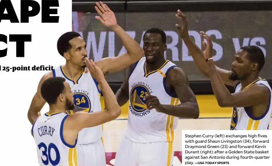  ?? —USATODAYSP­ORTS ?? Stephen Curry (left) exchanges high fives with guard Shaun Livingston (34), forward Draymond Green (23) and forward Kevin Durant (right) after a Golden State basket against San Antonio during fourth-quarter play.