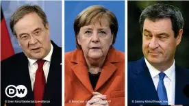  ??  ?? Wer folgt ihr nach? NRW-Ministerpr­äsident Armin Laschet (v.l.n.r.), Bundeskanz­lerin Angela Merkel (beide CDU) und der bayerische Ministerpr­äsident Markus Söder (CSU)