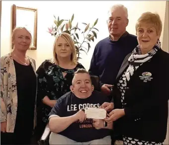  ??  ?? Lady Captain of Enniscrone Golf Club Annette O’Toole is pictured presenting a cheque for €750 to the committee of Darkness into Light. Annette held a competitio­n to raise funds for Pieta House which is located at Mayo Outreach Centre. From left: Ann Egan, Sandra O’Neill, Johnnie O’Malley, Lady Captain Annette O’Toole with Avril Greham (centre).