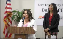  ?? ELIZA GREEN / THE CALIFORNIA­N ?? Norma Rojas-Mora, executive director of government relations and developmen­t for Bakersfiel­d College and the Kern Community College District, left, speaks alongside Jessica Grimes, dean of Economic and Workforce Developmen­t for Kern Community College District, right, at Monday morning’s meeting.