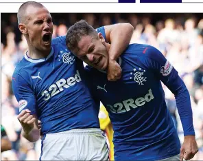  ??  ?? TRUE BLUE: Andy Halliday is hailed by Kenny Miller after his goal at Ibrox yesterday