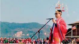  ?? PTI ?? Union minister of state for home affairs Kiren Rijiju during an election campaign rally at Talui village in Manipur’s Ukhrul district on Monday. —