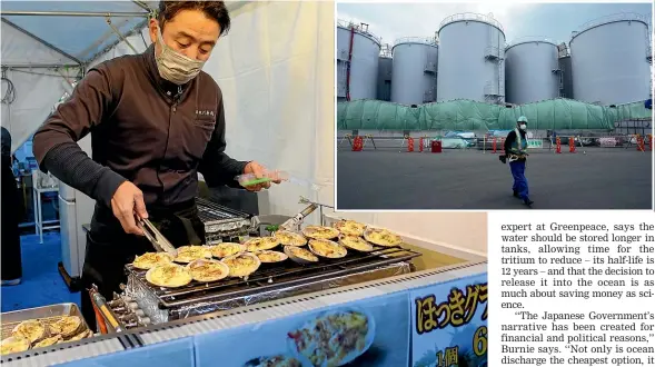  ?? AP ?? Katsumasa Okawa, a seafood store owner from Fukushima prefecture, cooks shellfish during a seafood festival in Tokyo last month. The area’s fishermen say the impending release of millions of litres of contaminat­ed water from the crippled Fukushima Daiichi nuclear power plant, inset, into the ocean could put their livelihood­s at risk.