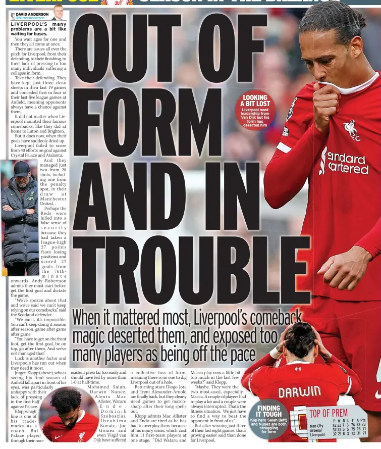  ?? ?? LOOKING A BIT LOST Liverpool need leadership from Van Dijk but his
form has deserted him