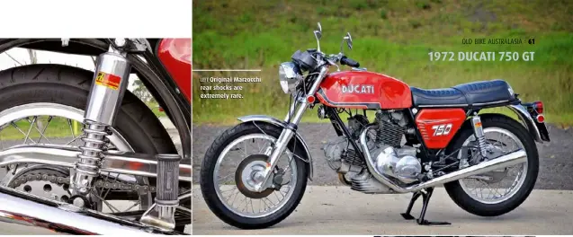  ??  ?? RIGHT The troublesom­e kick starter, which had a habit of lunching the bearing in the crankcase. Later models were beefed up. BELOW RIGHT 200mm rear drum brake is certainly up to the job. BELOW CENTRE RIGHT Gary has managed to source original style woven spark plug leads. Australian-made Lynx air filters were fitted to Ducatis of the day. Green plastic hose was the standard fitment. BOTTOM RIGHT Leading axle Marzocchi forks were a trademark of the GT model. LEFT Original Marzocchi rear shocks are extremely rare.