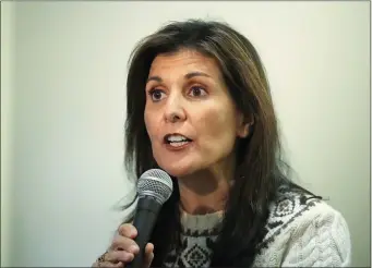  ?? MATT ROURKE — THE ASSOCIATED PRESS ?? Republican presidenti­al candidate former UN Ambassador Nikki Haley speaks during a campaign stop at Deciduous Brewing Company in Newmarket, N.H., Sunday.