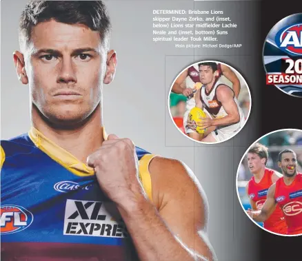  ?? Main picture: Michael Dodge/AAP ?? DETERMINED: Brisbane Lions skipper Dayne Zorko, and (inset, below) Lions star midfielder Lachie Neale and (inset, bottom) Suns spiritual leader Touk Miller.