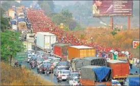  ?? PTI PHOTO ?? Protesters led by the All India Kisan Sabha march from Nashik to Mumbai demanding a loan waiver among other things in Mumbai on Sunday.