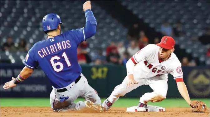  ??  ?? ANAHEIM: Robinson Chirinos #61 of the Texas Rangers is forced out at second by Andrelton Simmons #2 of the Los Angeles Angels of Anaheim in the third inning of the game at Angel Stadium of Anaheim on Monday in Anaheim, California. — AFP