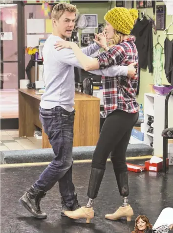  ?? ADAM LARKEY ,ABC ?? Derek Hough rehearses with Dancing With the Stars partner Amy Purdy, 34, who lost both legs to bacterial meningitis when she was 19.