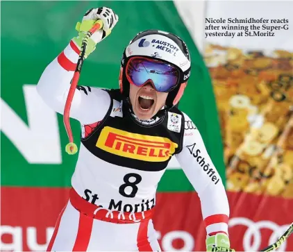  ??  ?? Nicole Schmidhofe­r reacts after winning the Super-G yesterday at St.Moritz