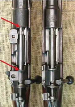  ??  ?? .318 Westley Richards on the left and military M98 8x57 mm on the right. Notice how the receiver ring has been moved forward and the stripper clip notch moved backwards.