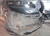  ?? HT PHOTO ?? The damaged car of former MLA Dilbagh Singh’s nephew after three bike-borne assailants fired at the vehicle in Yamunanaga­r on late Wednesday night.