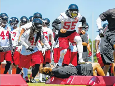  ?? ASSOCIATED PRESS FILE PHOTO ?? Atlanta linebacker Paul Worrilow (55) jumps over assistant coach Jeff Ulbrich during practice June 16 in Flowery Branch, Ga. Even Worrilow, the team’s leading tackler each of the last three seasons, could be pushed by new talent.