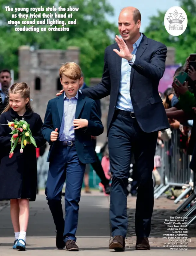  ?? ?? The Duke and Duchess arrive at Cardiff Castle with their two eldest children, Prince George and Princess Charlotte, and (left) Kate talks to a young girl among a crowd of well-wishers in the Welsh capital