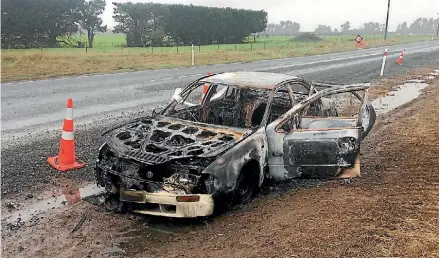  ?? SUPPLIED ?? The burnt out car on Rotheram Rd near Culverden.