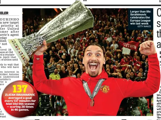  ?? GETTY IMAGES ?? Larger than life: Ibrahimovi­c celebrates the Europa League win last week