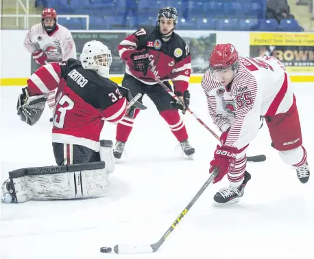  ?? BOB TYMCZYSZYN/POSTMEDIA NETWORK ?? Adam Dentico, shown defending the net for the Niagara Falls Canucks in Greater Ontario Junior Hockey League action versus the St. Catharines Falcons in this file photo, is among the players ineligible to return to Niagara Falls for another season.