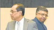  ?? ARVIND YADAV/HT ?? CJI Ranjan Gogoi (left) with law minister Ravi Shankar Prasad at the Constituti­on Day function in New Delhi.