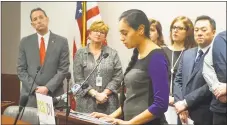  ?? Emilie Munson / Hearst Connecticu­t Media ?? Sanna Dilawar, a domestic-violence victim who was arrested along with her abuser after calling the police, speaks at the Capitol in Hartford on Friday.