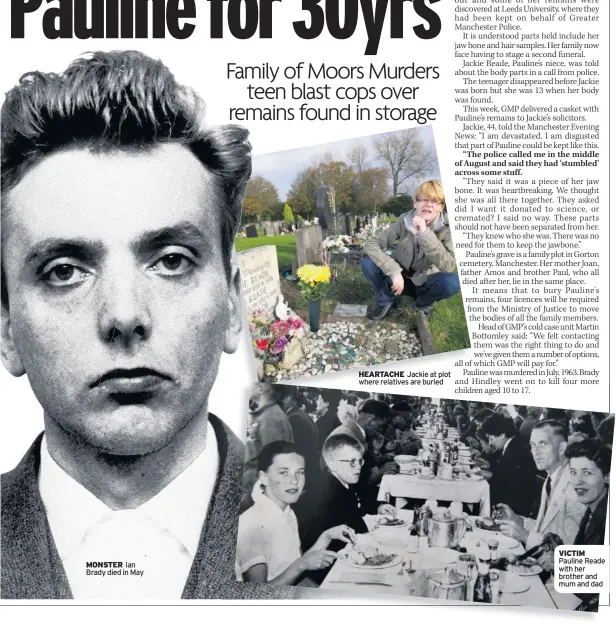  ??  ?? MONSTER Ian Brady died in May HEARTACHE Jackie at plot where relatives are buried VICTIM Pauline Reade with her brother and mum and dad