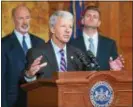  ?? SUBMITTED PHOTO ?? Sen. Tom Killion, R-9 of Middletown, makes a point as Gov. Tom Wolf looks on during Monday’s press conference announcing a new push for a severance tax on the state’s Marcellus shale industry.