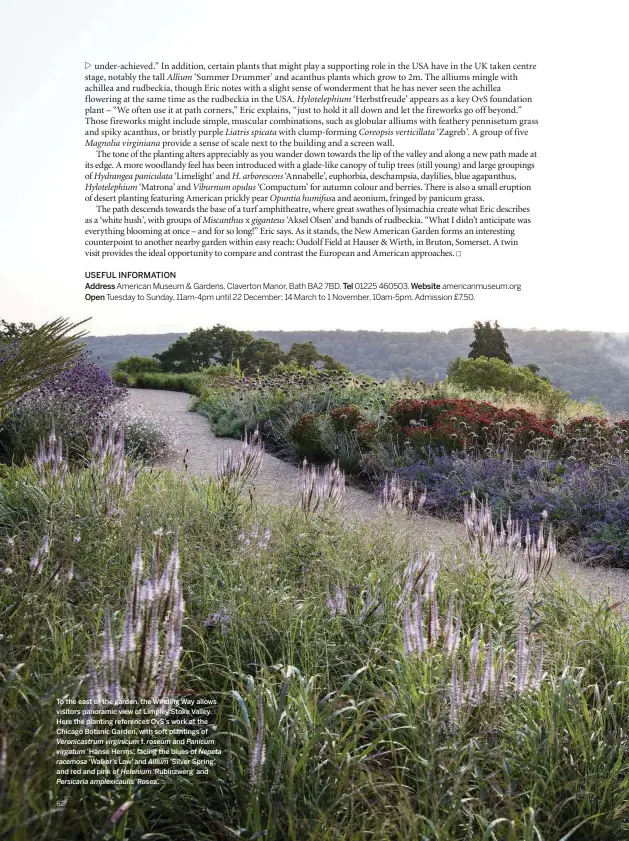  ??  ?? To the east of the garden, the Winding Way allows visitors panoramic view of Limpley Stoke Valley. Here the planting references OvS’s work at the Chicago Botanic Garden, with soft plantings of
Veronicast­rum virginicum f. roseum and Panicum
virgatum ‘Hänse Herms’, facing the blues of Nepeta racemosa ‘Walker’s Low’ and Allium ‘Silver Spring’, and red and pink of Helenium ‘Rubinzwerg’ and Persicaria amplexicau­lis ‘Rosea’.