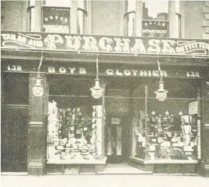  ??  ?? Above, the shop of J.C. Purchase, tailor and outfitter, and, below, his advert of 1908