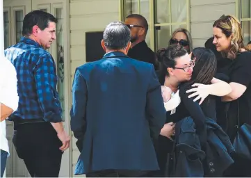  ??  ?? Humberto Leite with daughter Nicole Katakos (left); and family and friends farewell the 55-year-old who was killed in the Eagle Farm