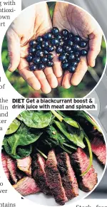  ??  ?? DIET Get a blackcurra­nt boost & drink juice with meat and spinach