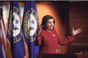  ?? Drew Angerer / Getty Images ?? Speaker of the House Nancy Pelosi, D-Calif., speaks during her weekly news conference at the Capitol on Wednesday in Washington, D.C. Pelosi spoke on a range of issues, including the debt ceiling and climate change.