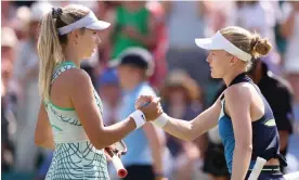  ?? Photograph: Ryan Browne/Shuttersto­ck ?? Katie Boulter (left) shakes hands with Harriet Dart after reaching the Nottingham Open semi-final.