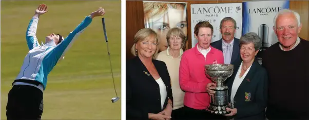  ??  ?? Mary Dowling reacts after sinking the winning putt in the Irish Close final against Leona Maguire in Portstewar­t on May 27, 2010.
Mary Dowling receiving the trophy from Anne Wallace, President of the I.L.G.U., in the company of her proud parents - Helen (second from left), and the late John (right).