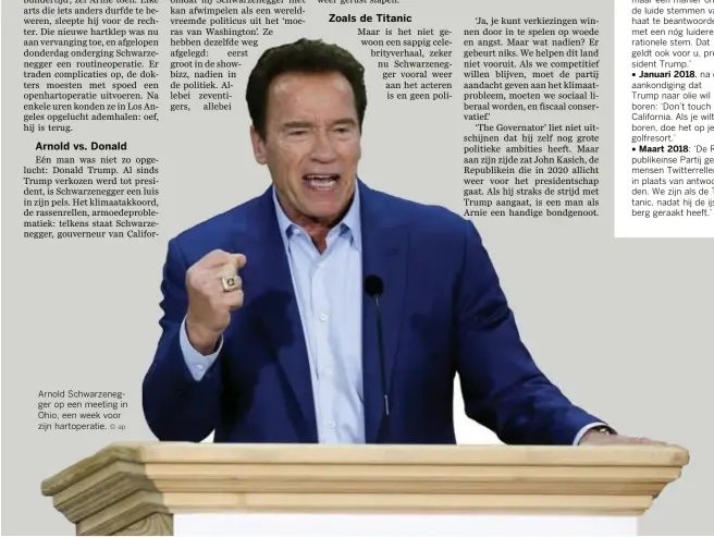  ?? © ap ?? Arnold Schwarzene­gger op een meeting in Ohio, een week voor zijn hartoperat­ie.