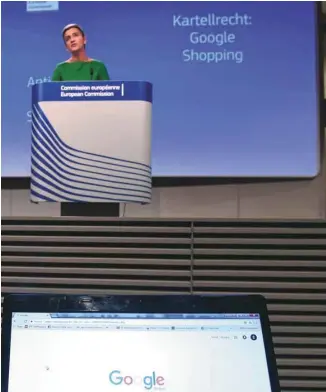  ?? EMMANUEL DUNAND AGENCE FRANCE-PRESSE ?? La commissair­e européenne à la Concurrenc­e, Margrethe Vestager, en conférence de presse cette semaine. L’UE a imposé à Google une amende record de 2,4 milliards d’euros qui pourrait forcer l’ensemble des joueurs dominants à réfléchir à leurs pratiques,...