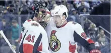  ?? STAN BEHAL/POSTMEDIA NETWORK ?? Ottawa Senators goaltender Craig Anderson gets congratula­ted by Matt Duchene after the Sens’ 4-3 win over the Toronto Maple Leafs on Jan. 11. The Sens are back in action Wednesday after their bye-week ended.