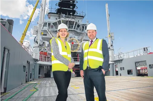  ??  ?? ALL HANDS ON DECK: Deirdre Michie of Oil & Gas UK and Atlantic Offshore Scotland MD Matthew Gordon aboard Ocean Osprey