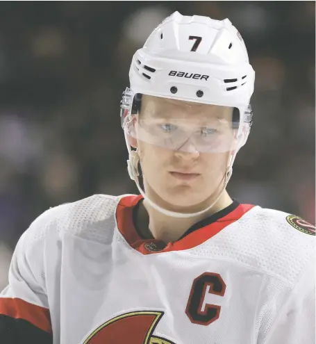  ?? CHRISTIAN PETERSEN/GETTY IMAGES FILES ?? Senators captain Brady Tkachuk says it's hard to look at positives right now after his team lost its sixth straight game, 6-4 to the Colorado Avalanche on Thursday. “I've got to find a way to do a better job and help this team win,” Tkachuk said.